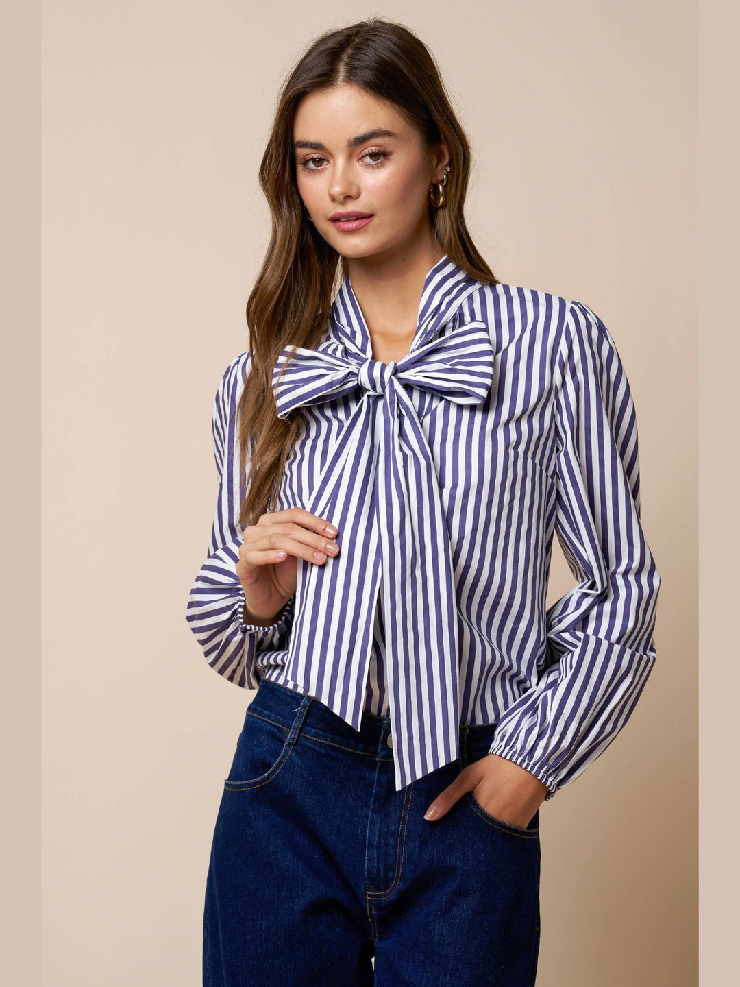 Stripe Front Bow Tie Balloon Sleeve Top