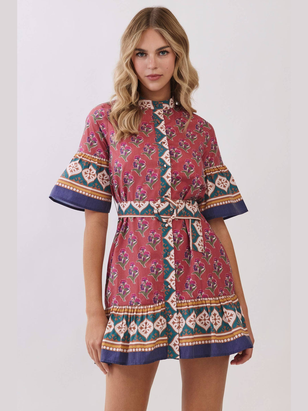 Printed Belted Mini Dress with Contrast Border