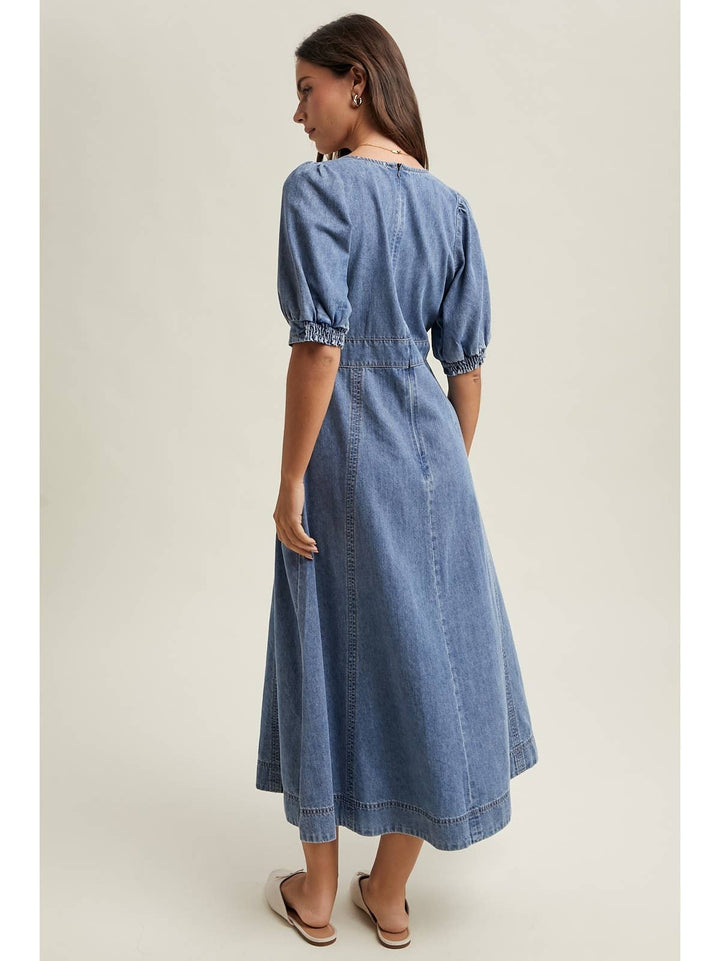 Denim Puff Sleeve Midi Dress