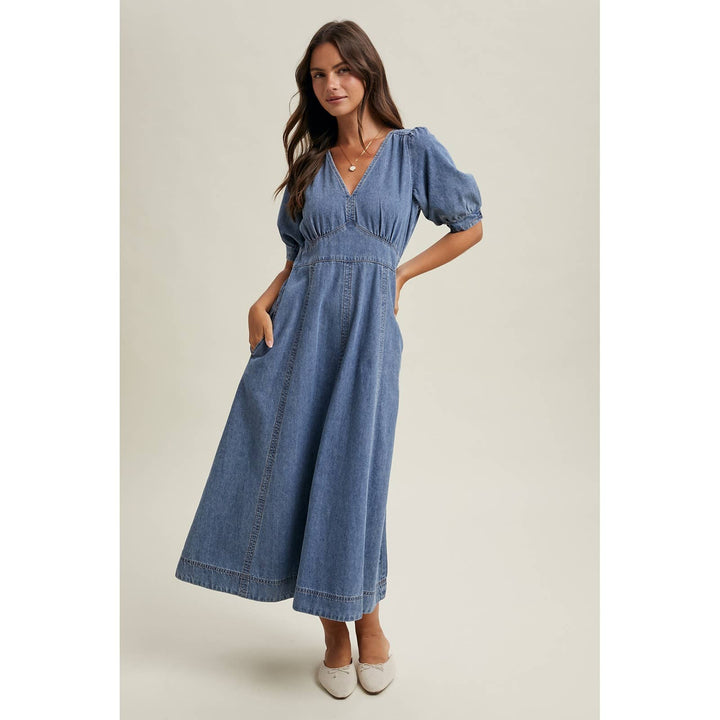 Denim Puff Sleeve Midi Dress