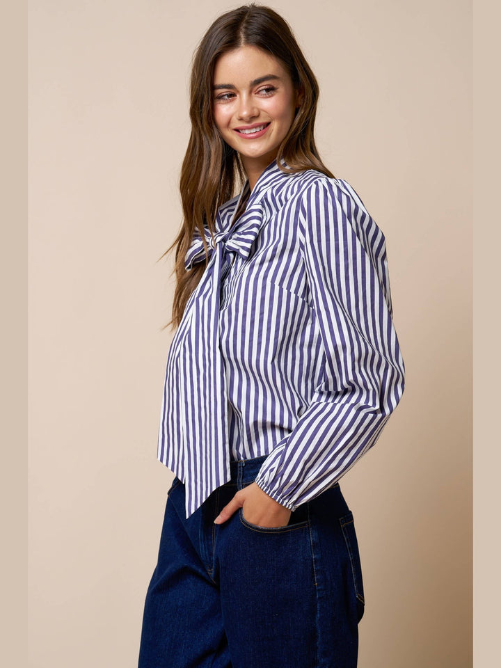 Stripe Front Bow Tie Balloon Sleeve Top