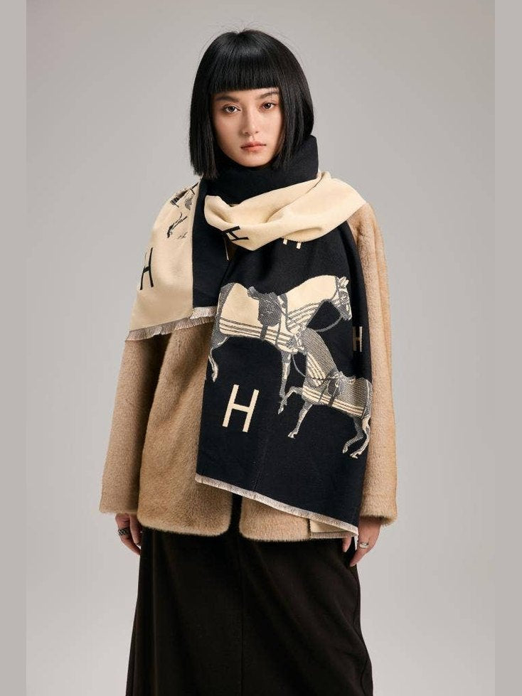 Equestrian Black and Cream Cashmere-Feel Wrap