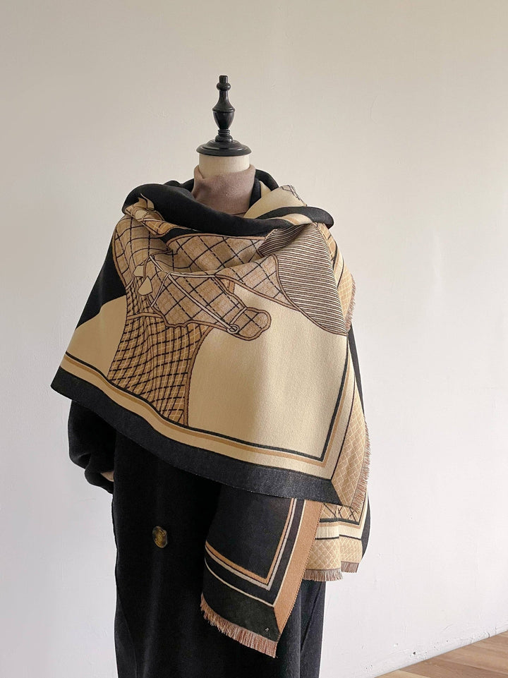 Equestrian Tan / Black Equus Plaid Cashmere-Feel Reversible Wrap