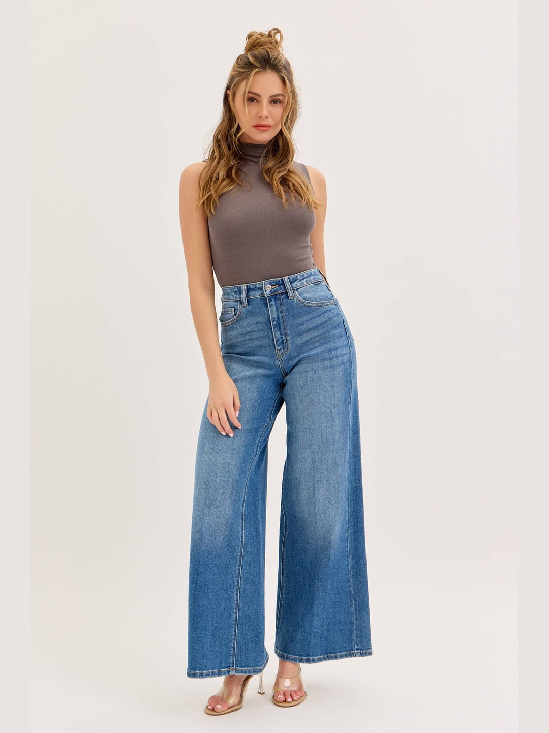 Stretch High Rise Wide Leg Jeans- Medium Denim