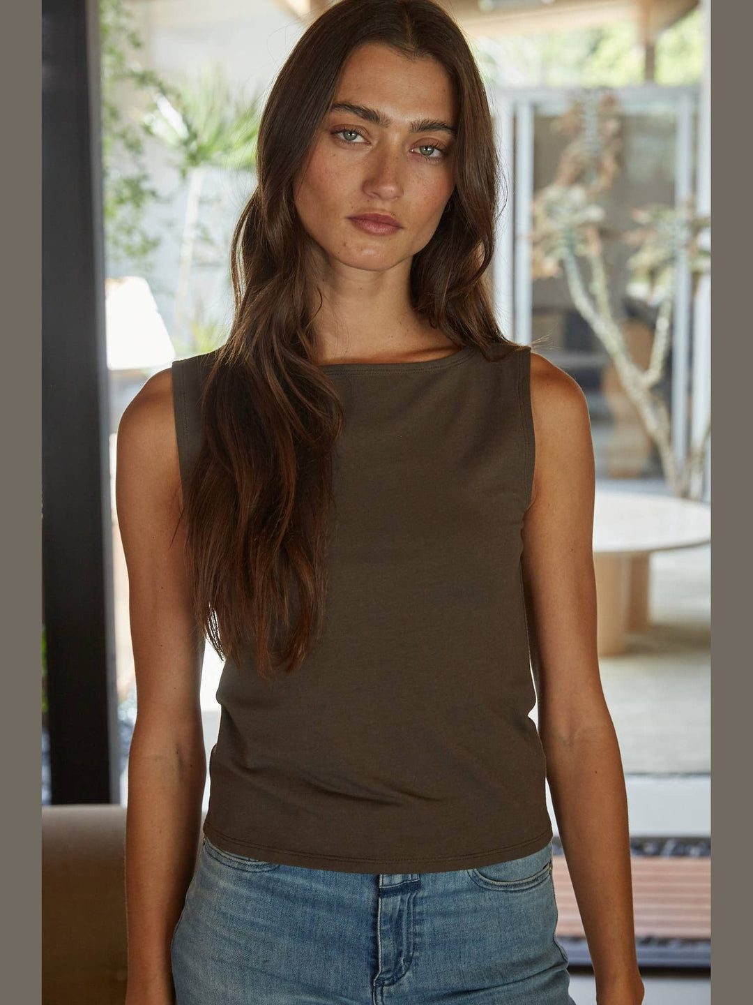 Knit Cotton Spandex Boat Neck Sleeveless Top