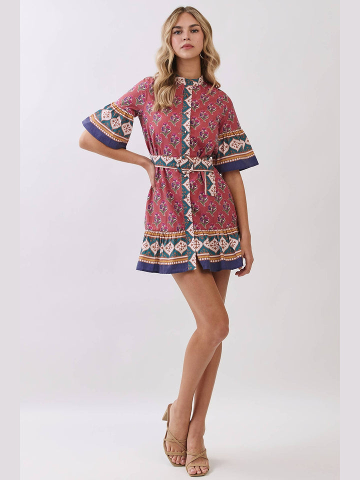 Printed Belted Mini Dress with Contrast Border