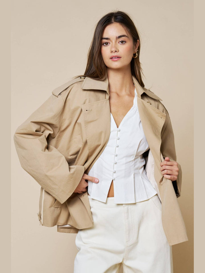 Double Breasted Cropped Belted Trench Coat
