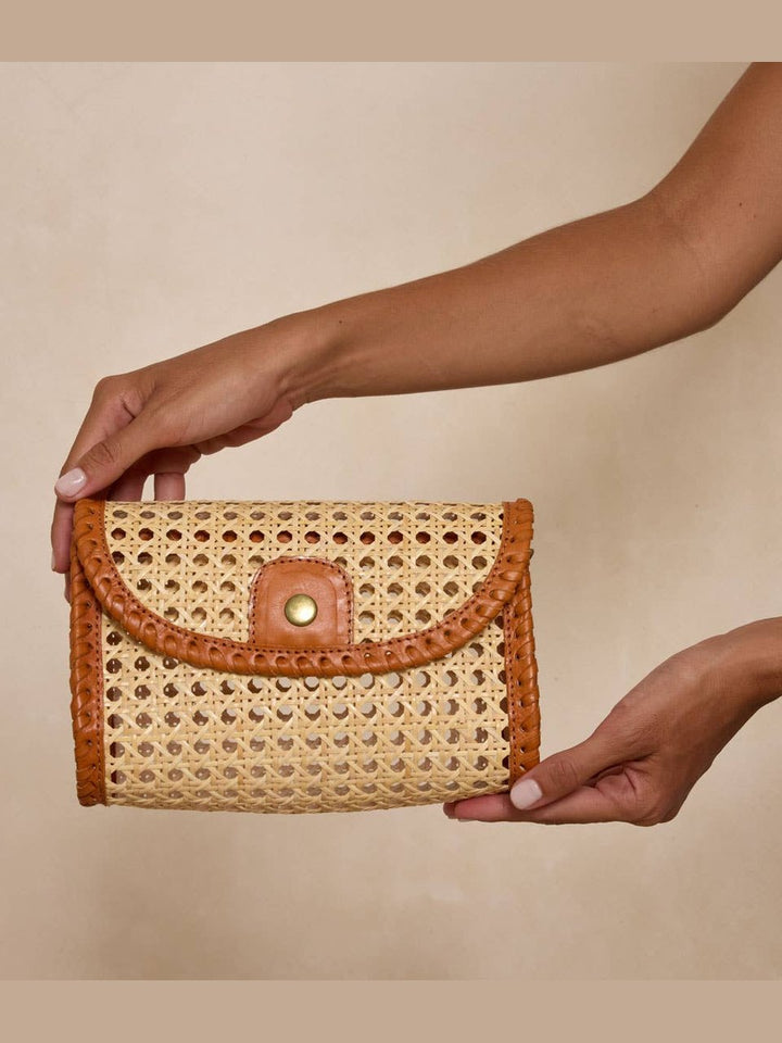 Brown Rattan Clutch with Leather Trim and Crossbody Strap