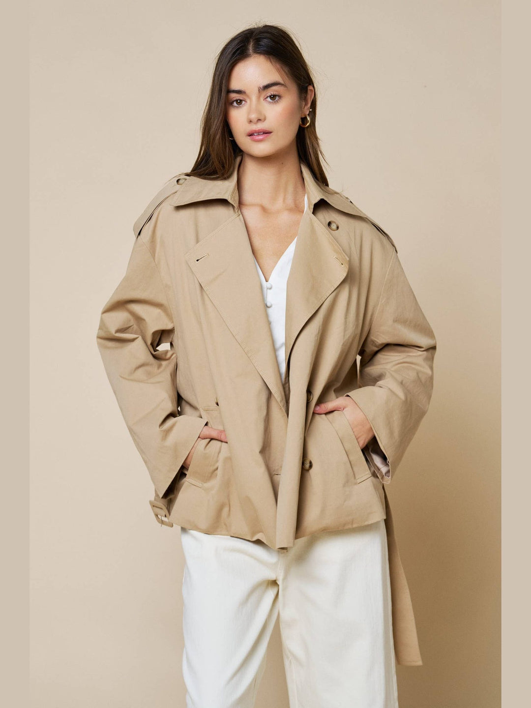 Double Breasted Cropped Belted Trench Coat