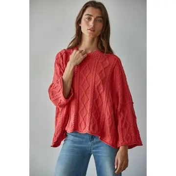 Knit Cable Sweater Cotton 3/4 Sleeve Pullover