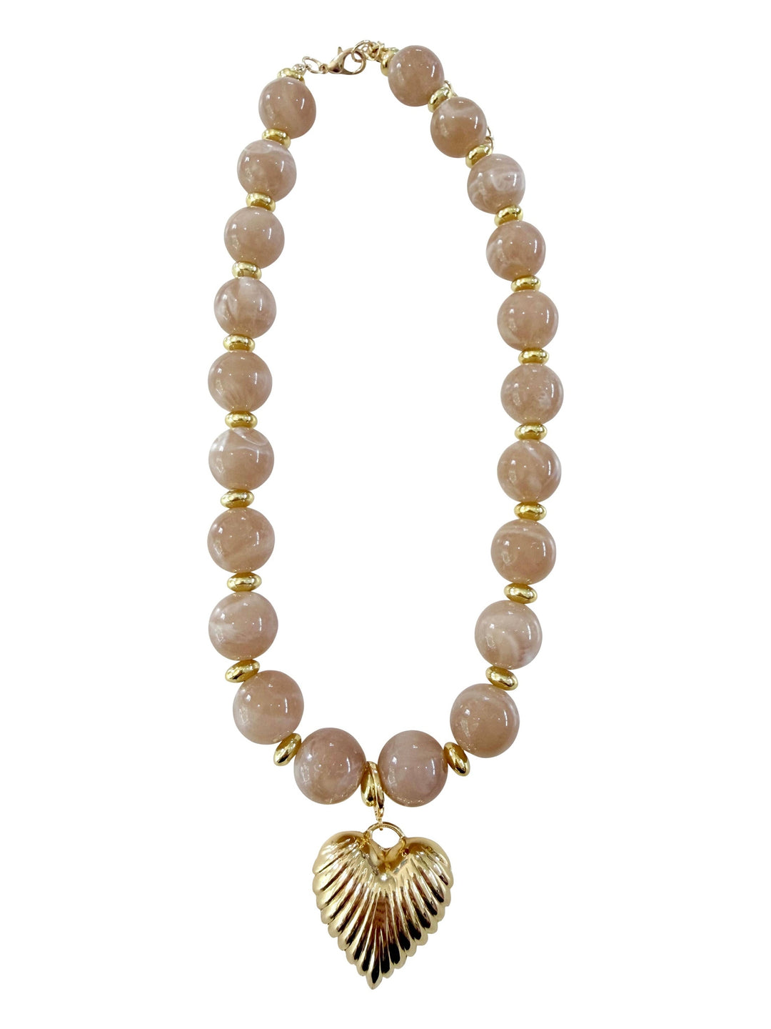 Lucas Beaded Necklace with Gold Heart Pendant -Taupe