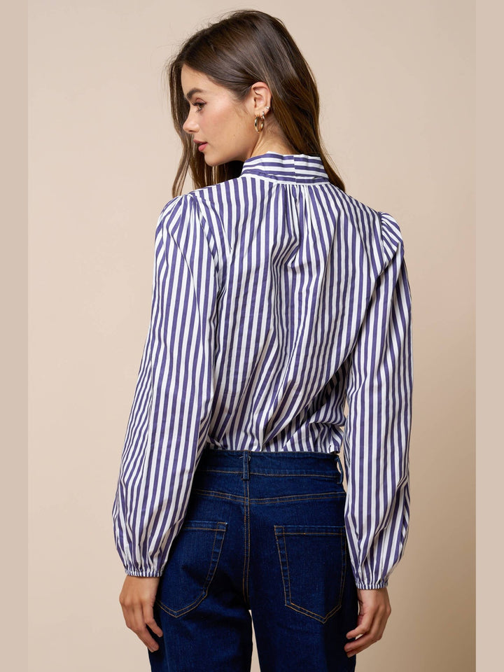 Stripe Front Bow Tie Balloon Sleeve Top