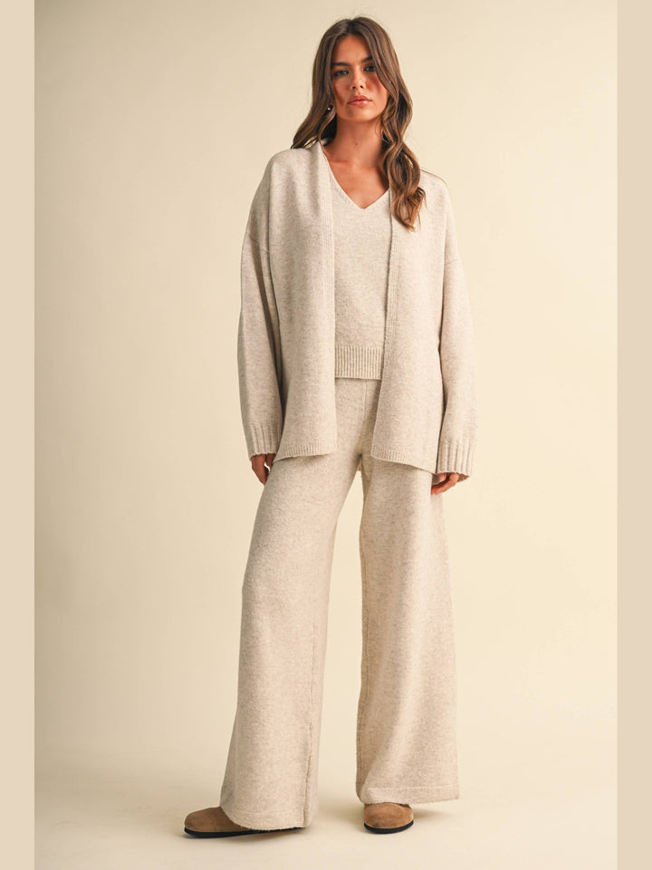 V-NECK SLEEVELESS TOP WITH LONG-SLEEVED CARDIGAN & PANTS