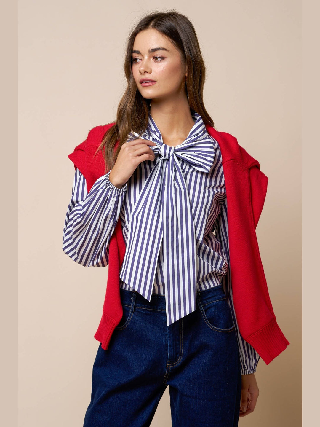 Stripe Front Bow Tie Balloon Sleeve Top