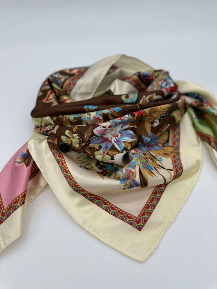 Brown & Pastel Four Corner Floral Silk Scarf
