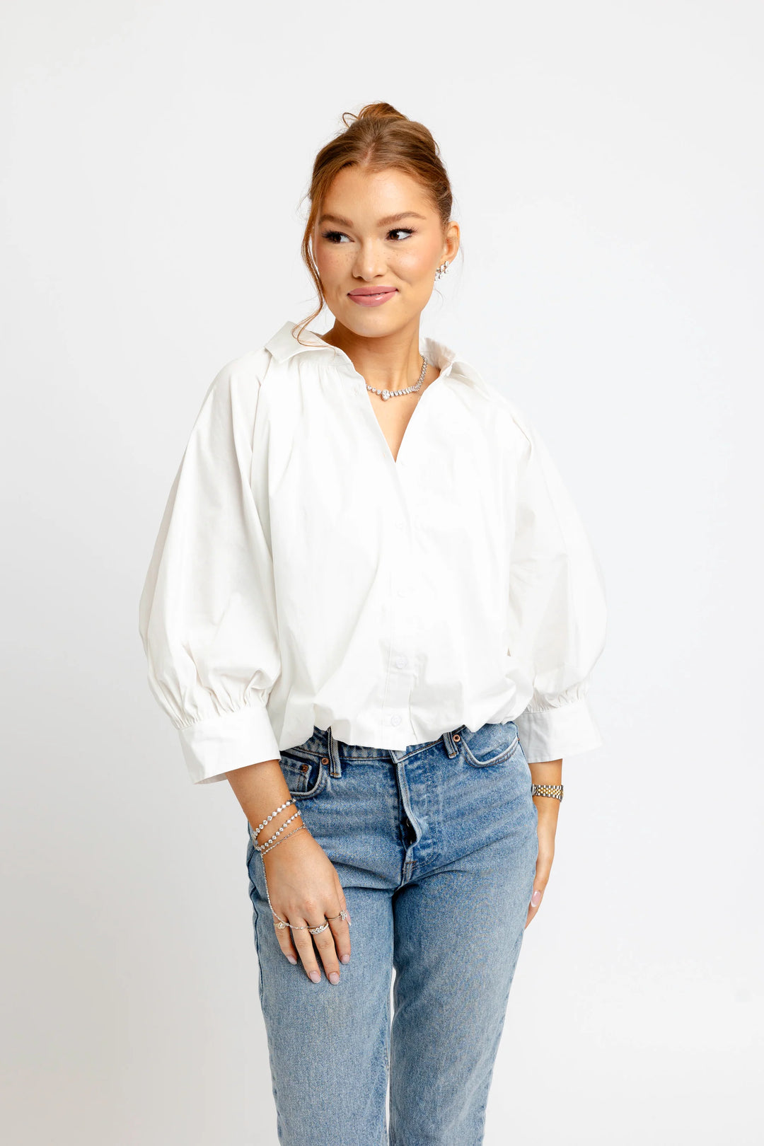 Karlie Solid Poplin 3/4 SLV Bubble Top - White